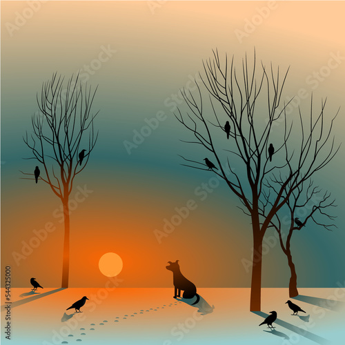 Winter landscape with sunset in the woods with animals.