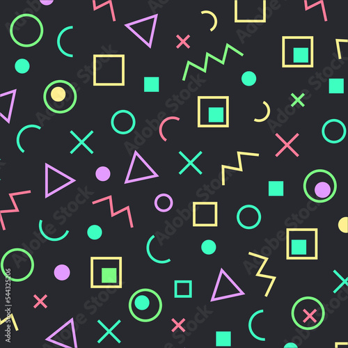 Seamless geometric pattern on black background. Pattern with neon color. Colorful abstract background. Vector illustration.