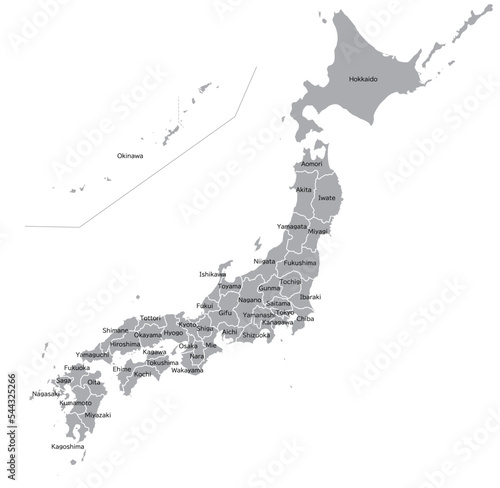 県境のある日本地図、モノクロ、英語の県名
