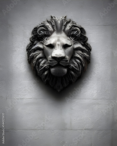 Digital Illustration Lion Head Statue, Grunge Wall Background