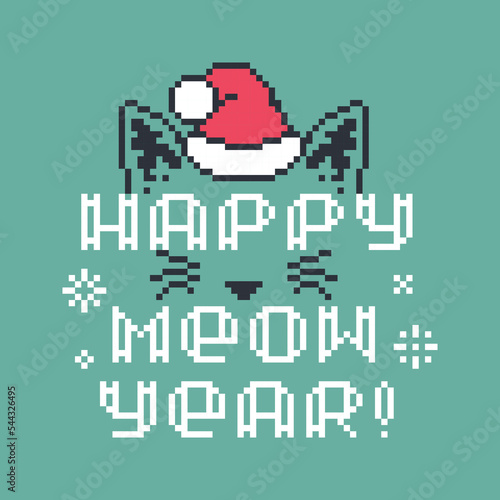 Happy meow year cat face pixel art. Happy new year isolated vector illustration © AinurKas