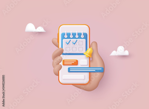 Hand holding mobile smart phone with calendar plan. Vector modern flat creative info graphics design on application. 3D Vector Illustrations.