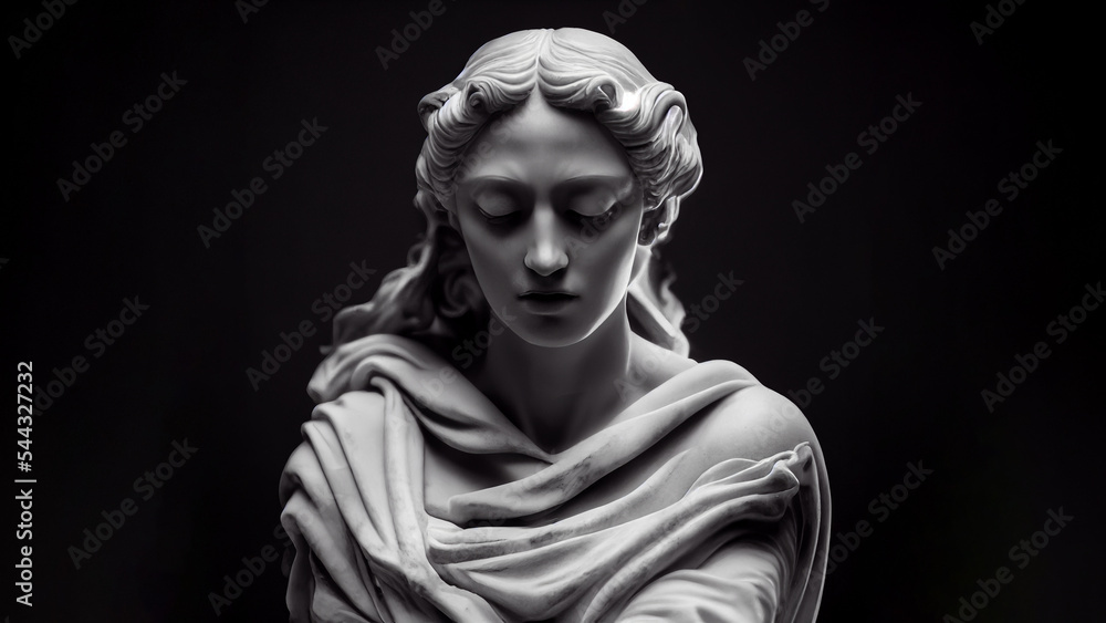 3D illustration of a Renaissance marble statue of Nyx. She is the Primordial Goddess and Personification of the Night. Nyx in Greek mythology is known as Nox in Roman mythology. - obrazy, fototapety, plakaty 