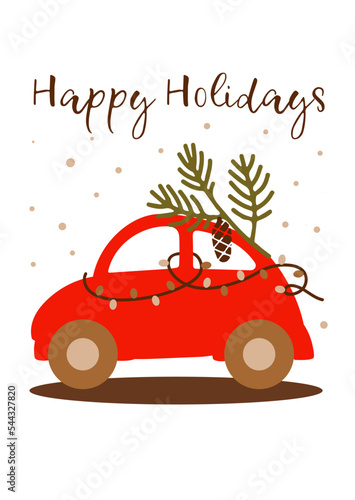 Vector postcard red car with Christmas tree.
Christmas decor. Greeting card Happy Holidays