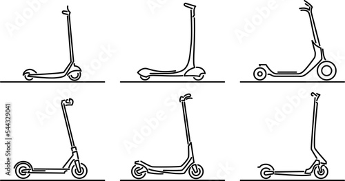 Set of simple flat design vector images of various types of kick scooters drawn in art line style. photo
