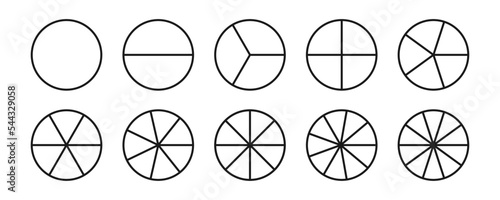Vector illustration of fraction pie isolated on white background. Set of fractions icons. Math and geometry symbols. Education material.