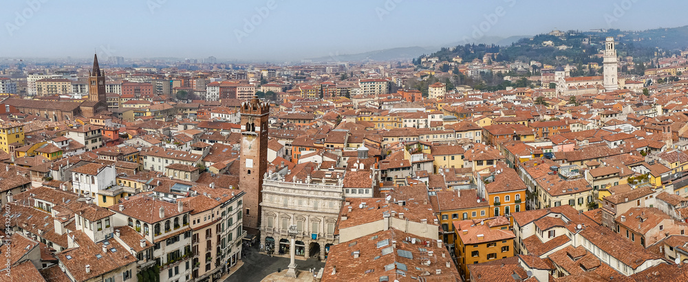 Extra wide Aerial view of the historic center of Verona with beautiful churches