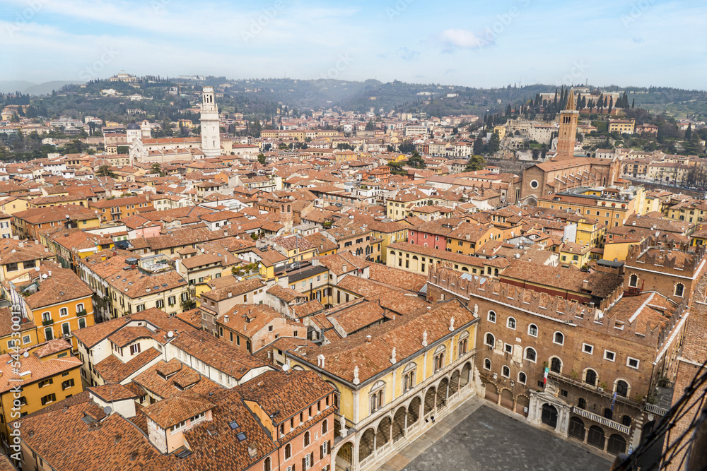 Aerial view of the historic center of Verona with beautiful churches