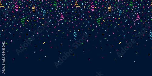 Confetti border background, colorful falling ribbon and small pieces of colored paper seamless pattern
