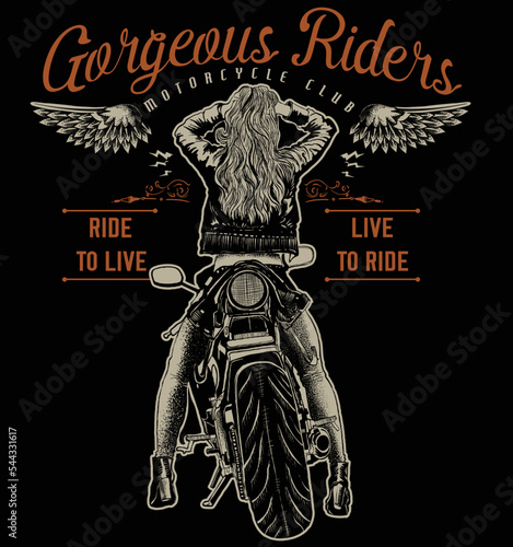 Sexy girl ride a motorbike. Biker party poster design. Vector illustration