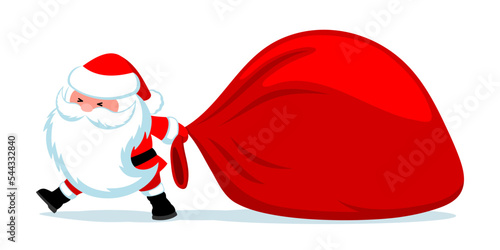 Santa Claus with big bags of gifts on white background.