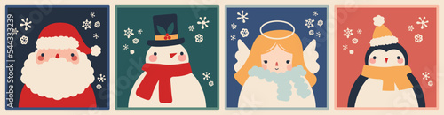 Cute christmas characters set, Santa claus, Snowman, Angel, Penguin, Snowflakes, Holiday season