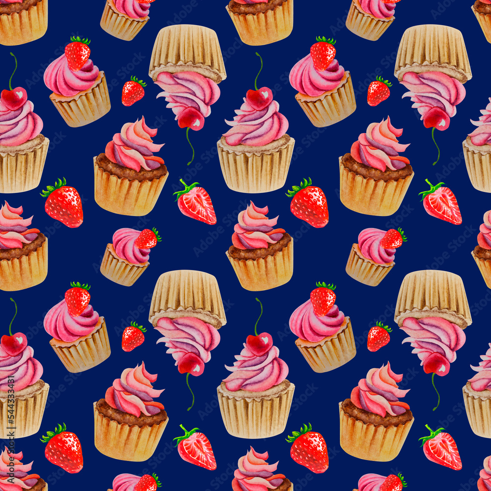 A pattern of cupcakes and strawberries on a blue background. Watercolor illustration. Pie. A delightful pattern. A pattern of cupcakes and strawberries on a blue background. Watercolor illustration. Pie. A delightful pattern.