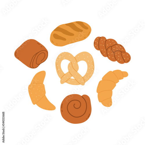 Hand draw bakery product. Baguette,bread,croissant.