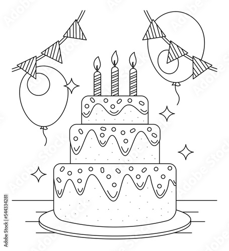 Coloring page for children. Birthday cake, balloons and triangle flags. Coloring page vector illustration. Three-tiered birthday cake on table. Three layer cake. Birthday party.