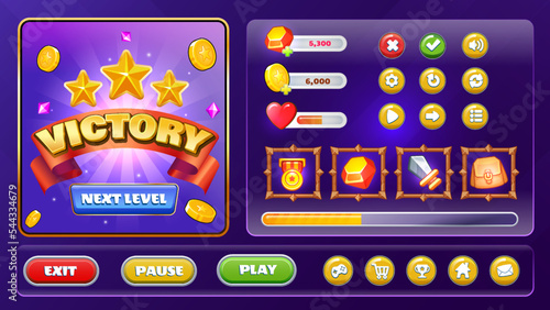 The Mega Pack Game UI interface kit for Mobile and Web fantasy theme games with Buttons, icons, win and lose Screens, Loading Progress Bars and powers icon - vector design.