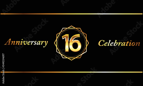 16 anniversary celebration. luxury 16th anniversary celebration. 16 year anniversary celebration with hexagonal and black background.	