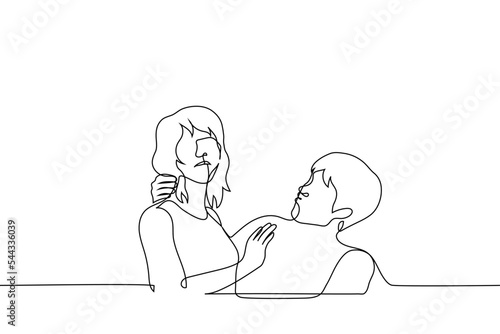 woman avoids kiss from man - one line drawing vector. concept a man tries to kiss a woman, persistent admirer, trying to make up after a quarrel, unwanted lover, unrequited love, harassment
