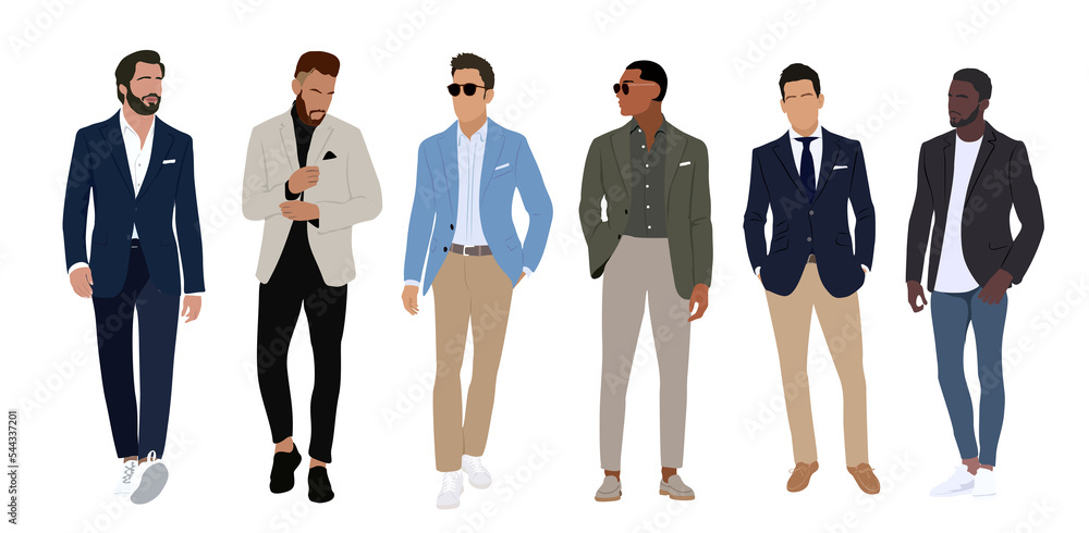 Set of elegant businessmen wearing smart casual outfit. Collection of ...