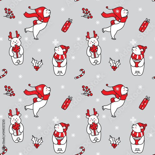 Cute polar bear skating, drinking hot coffee and preparation for christmas. Childish print. Seamless pattern.