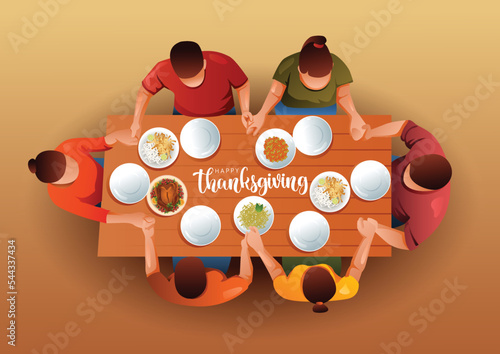 Top angle view of served thanksgiving turkey dish friendly family having lunch. vector illustration design