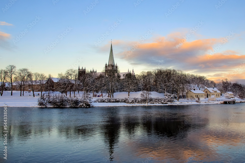 River Nidelva and the Cathedral Nidarosdomen in the city Trondheim, Norway