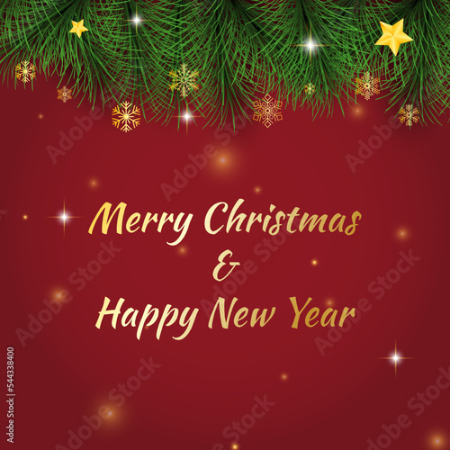 Merry Christmas and happy new year on a red background. Merry Christmas with Christmas balls and snowflakes, fir branches. Winter holiday tree decoration for Christmas and new year Vector illustration © Kowit