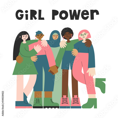 Five women of different races and religion together hugging. Girl power, diversity, inclusion, equality and rights concept. International women's day flat vector illustration and lettering set.
