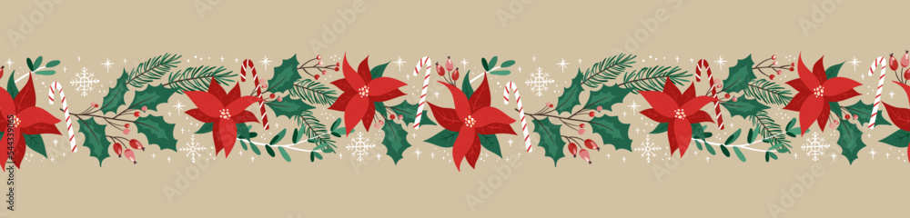Lovely hand drawn seamless christmas pattern with branches and decoration, great for banners, wallpapers, cards, textiles - vector design - obrazy, fototapety, plakaty 