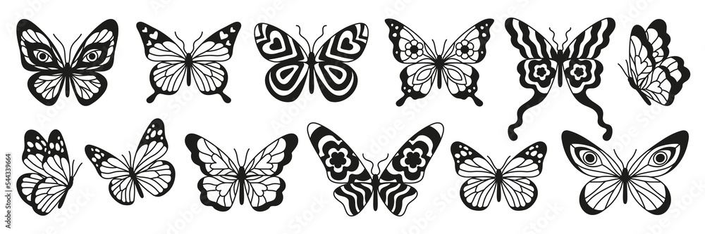 Butterfly tattoo art stickers. Black sketches. Vector hand drawn illustration, butterfly silhoette in trendy retro 2000s style. Y2k aesthetic.