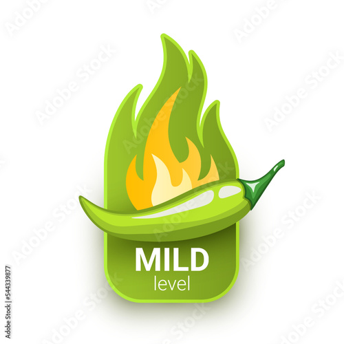 Green chili pepper pod and fire flame from behind. Mild hotness or spiciness level. Logo design for hot sauces or other spicy food