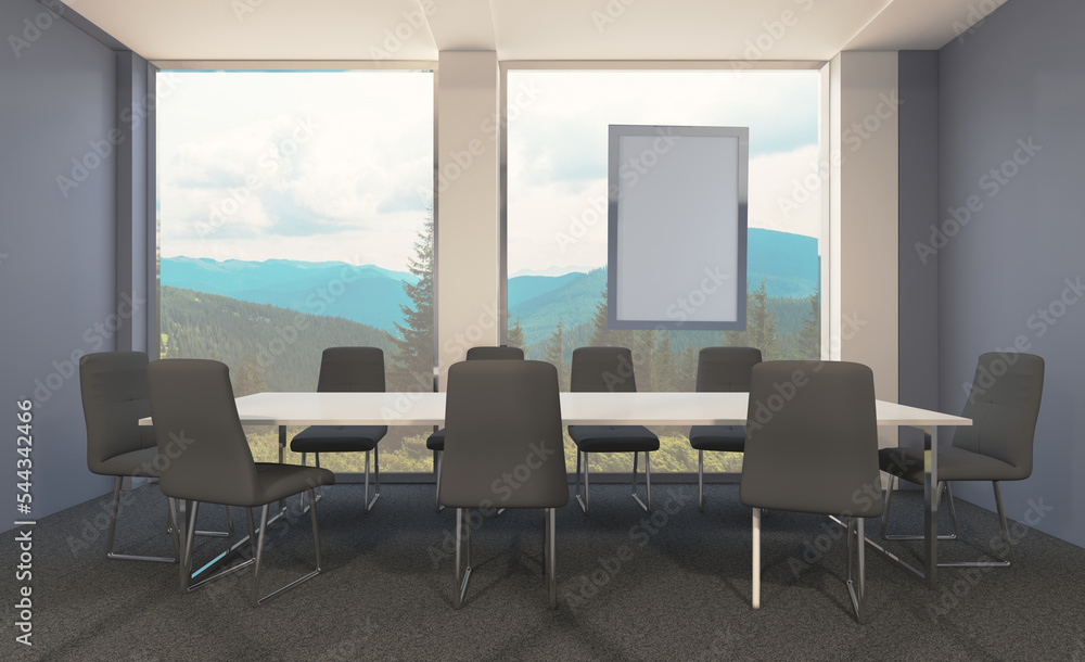 Front view of an office interior with a row of dark wood tables. 3D rendering.. Mockup.   Empty paintings