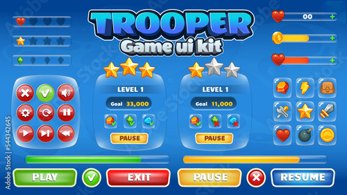 The Trooper UI interface kit for Mobile and Web fantasy theme games with Buttons, icons, win and lose Screens, Loading Progress Bars and powers icon - vector design.
