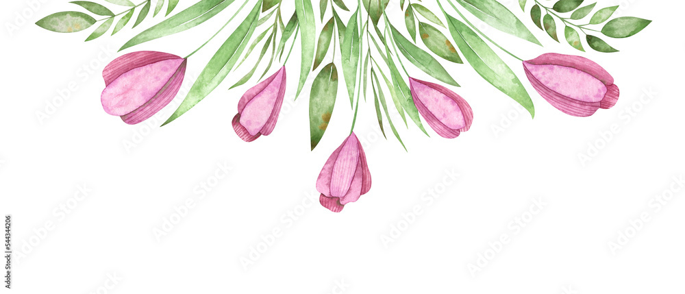 Obraz premium Watercolor arrangement with cute Easter tulips and greenery. Delicate composition for holiday design