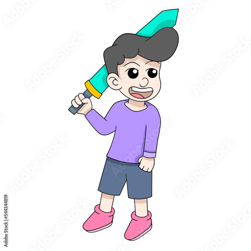 illustration of a laughing faced man carrying a knight excalibur sword