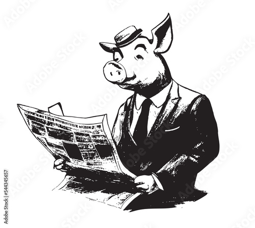 Pig in a suit reading newspaper news.Business concept.Vector illustration.