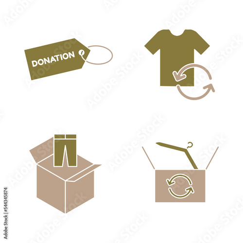 Apparel recycling icon set, thrifted clothing store concept, second hand flea market vector icons, reusable fashion emblems, thrifted wardrobe symbols isolated on white background