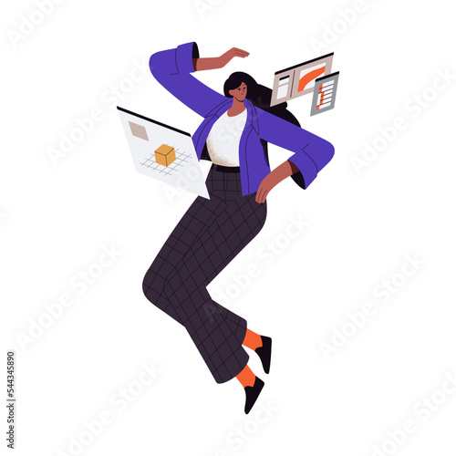 3d designer, artist modeling. Black woman creating digital art. Modern illustrator with tablet PC screens, professional software, work process. Flat vector illustration isolated on white background