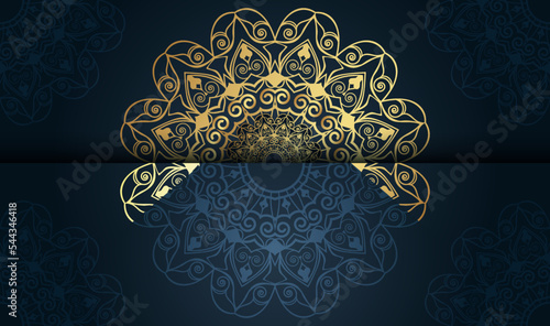 horizontal vertical decorative creative art style colorful gradient blue color with golden colors arabic Islamic mandala wallpaper background design vector template