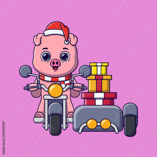 cute pig carrying gifts box on motorcycle with sidecar