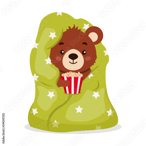 Cute bear wrapped himself in a blanket with popcorn. Vector graphic.