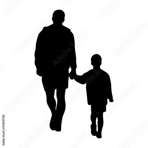 Father silhouette with son walking vector illustration. Adult man holds child by the hand. Shadow dad and kid. Fatherhood concept isolated