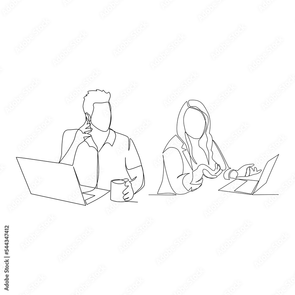 Office staff vector illustration drawn in line art style