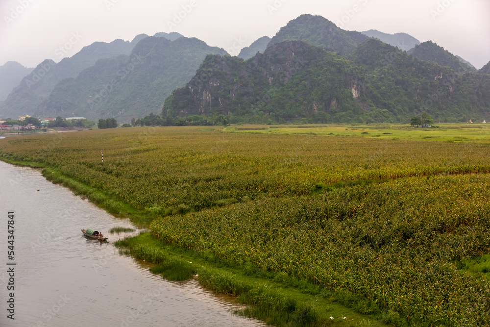 Scenic landscape of limestone karst mountains rising above a river and green fields in the village of Phong Nha.