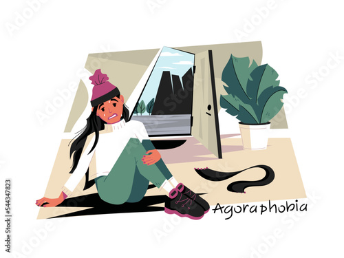 Fear of open doors, streets. The girl can't leave the house. Agoraphobia, Phobia. Public spaces phobia psychological concept. Panic attack, stress, social anxiety disorder, mental illness. Vector