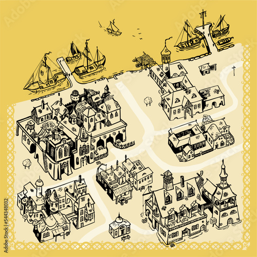 Simple line art drawn buildings for fantasy city map illustrations