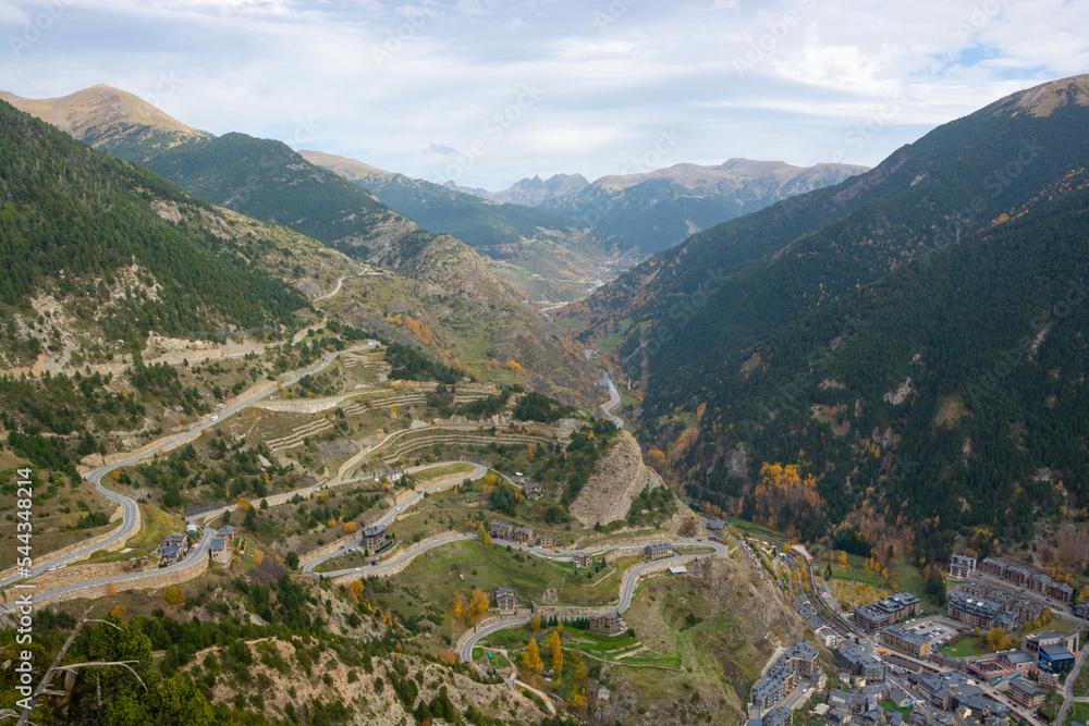 Mountain serpentine, road and buildigs in Andorra.