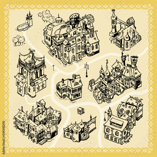 Simple line art drawn buildings for fantasy city map illustrations