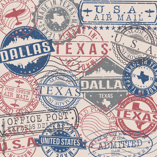 Dallas, TX, USA Set of Stamps. Travel Stamp. Made In Product. Design Seals Old Style Insignia.