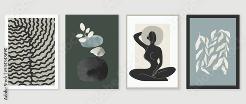 Set of contemporary abstract design wall art vector. Collection of watercolor rocks, leaf branch, wavy lines, vine, woman. Design illustration for wallpaper, wall decor, card, poster, cover, print.
